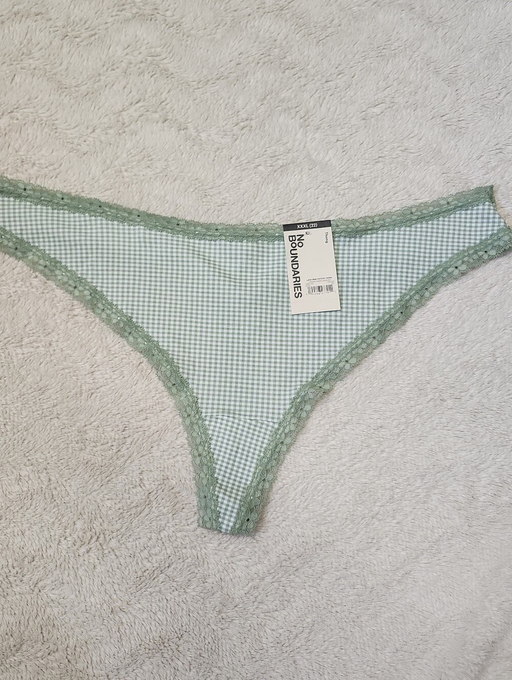 • NWT No Boundaries Lace Trim Cotton Thong Panty Size XXXL Green Gingham